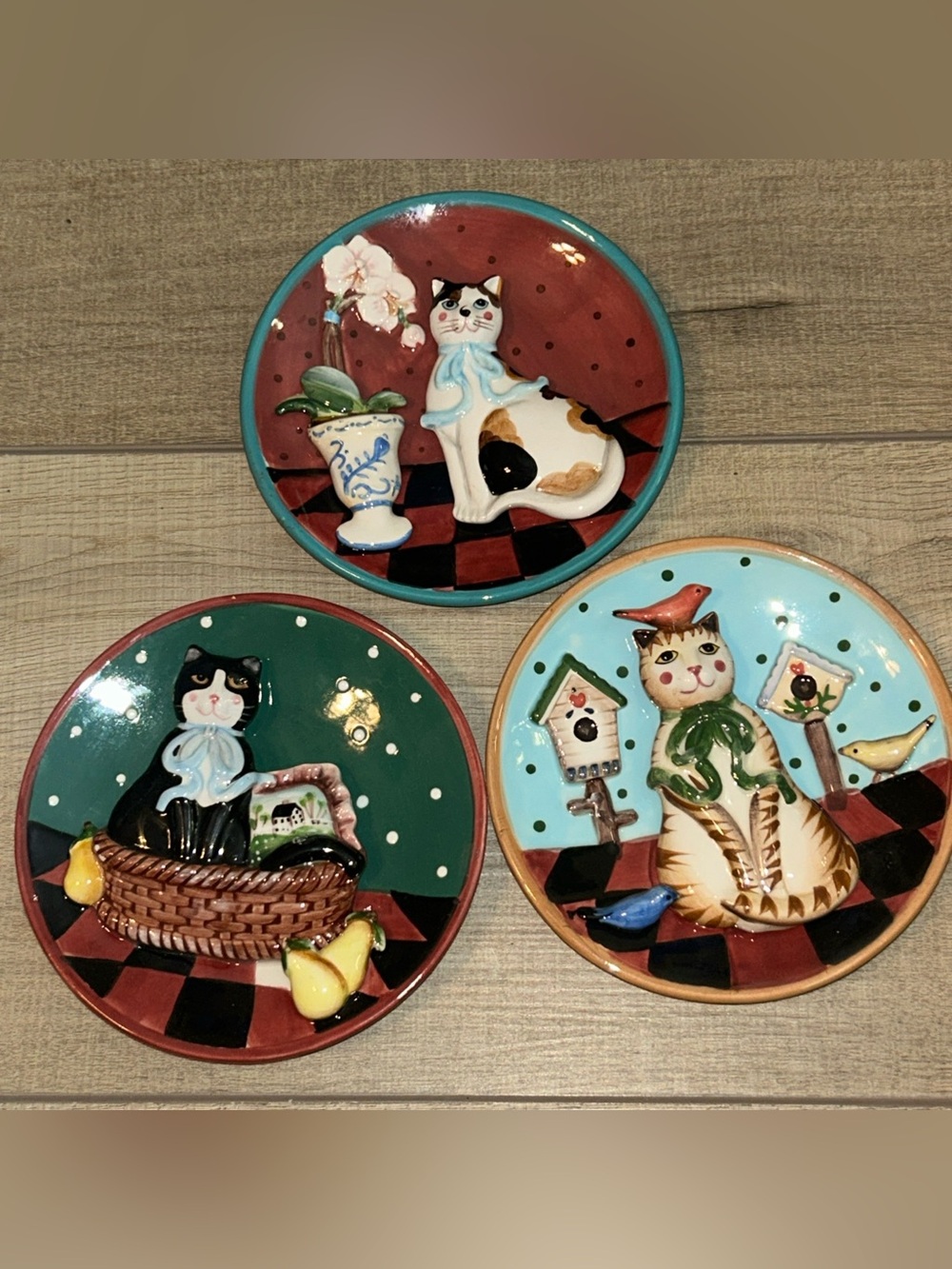 Set of 3 Ceramic Cat Wall Plates Hand-Painted Kitty Mom Whimsical Replacement